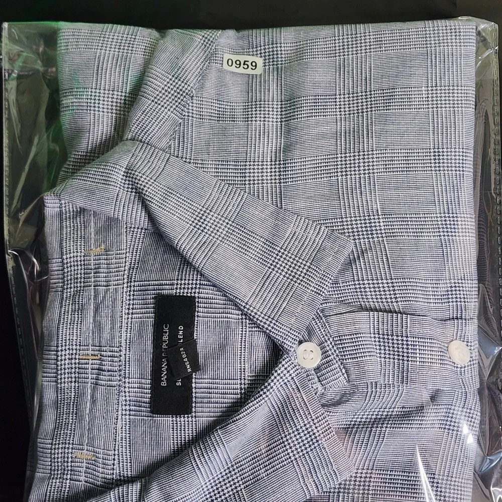 Banana Republic Button Down Mens XXL Slim Linen Blend Glen Plaid Blue Excellent